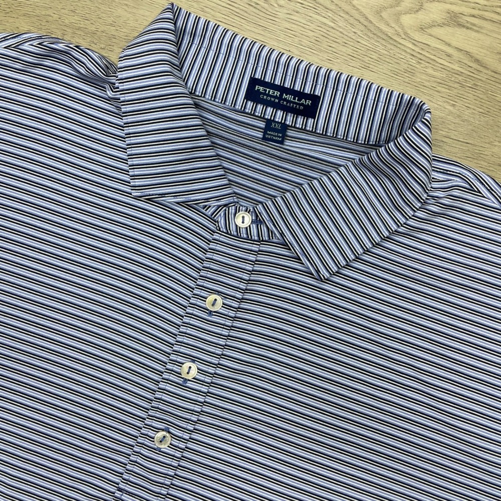 Peter Millar Polo Shirt Mens XXL Blue Striped Crown Crafted MF24XK02KH